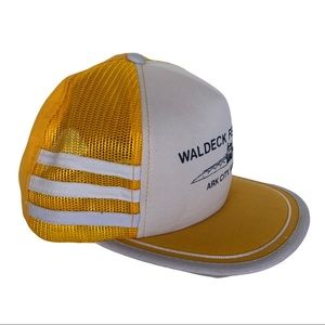 Vtg 3 Stripe Snapback Mesh Trucker Gold Hat Baseball Waldeck Arc City Kansas Cap